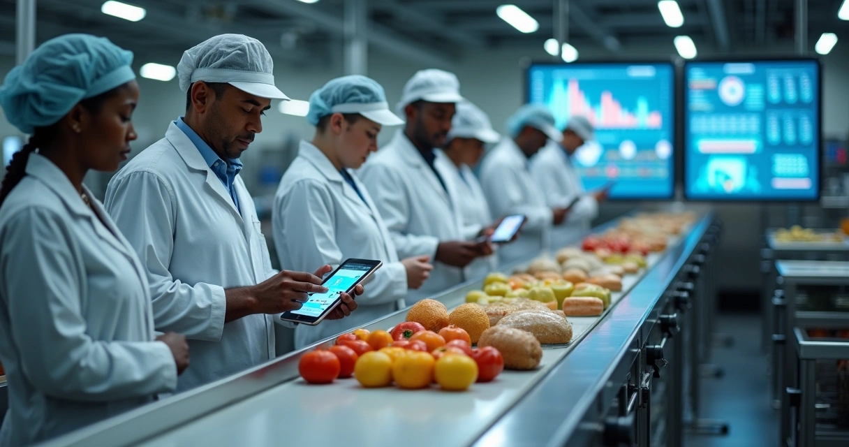 Equipe inspecionando linha de produção de alimentos com tablets 