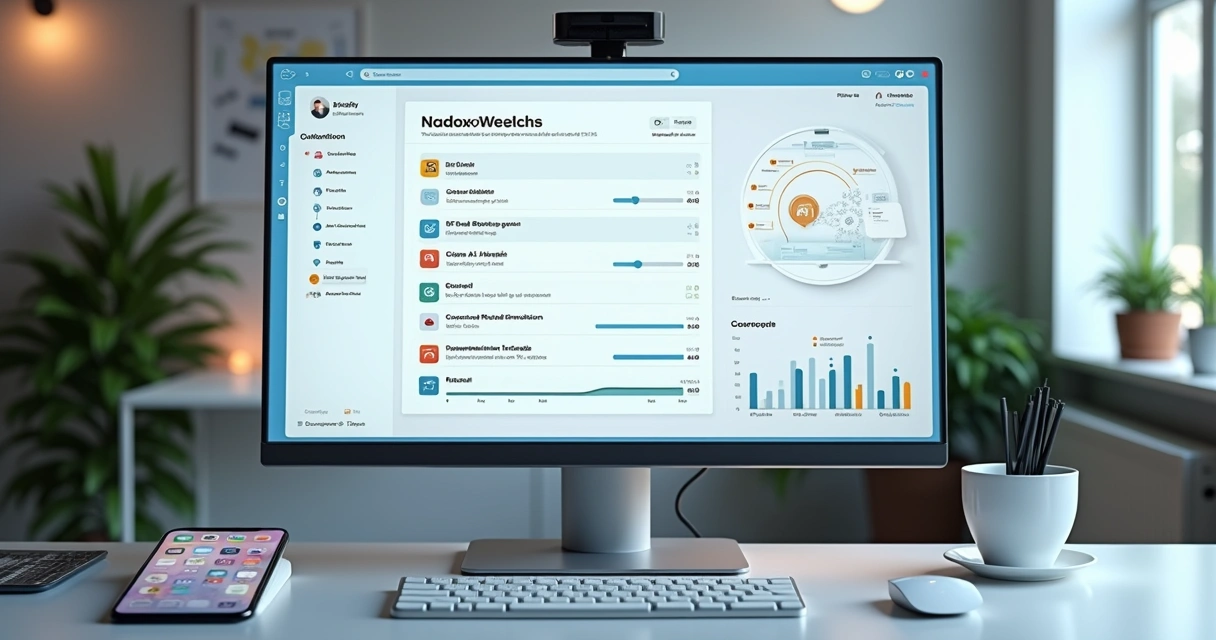Tela digital com checklist automatizado exibindo itens marcados e gráficos de progresso 