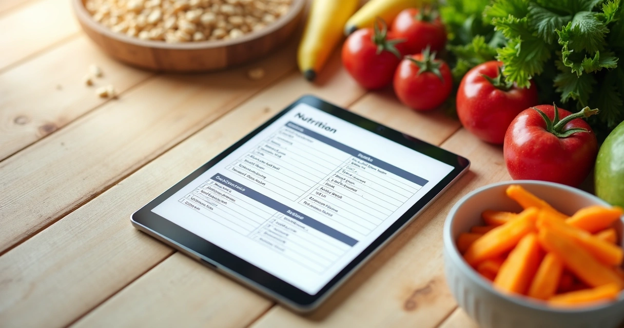 Checklist digital aberto em tablet ao lado de alimentos saudáveis 