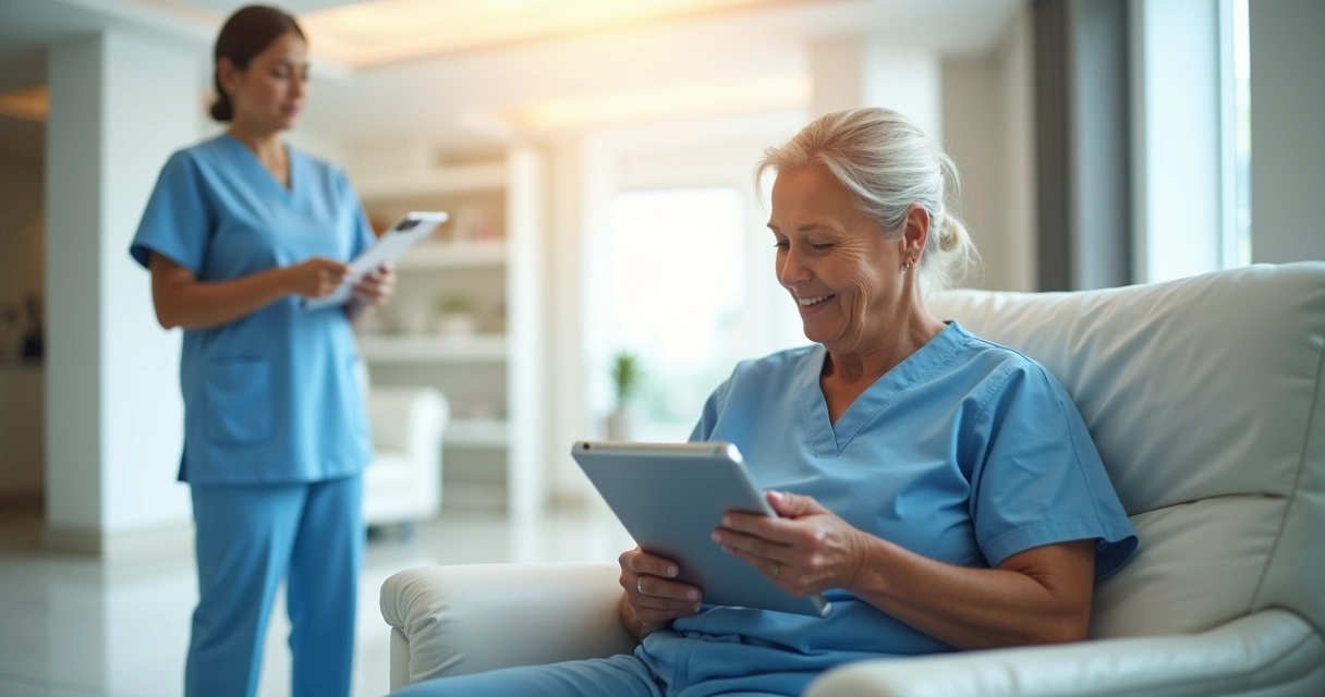 Checklist pós-operatório digital sendo consultado em tablet 