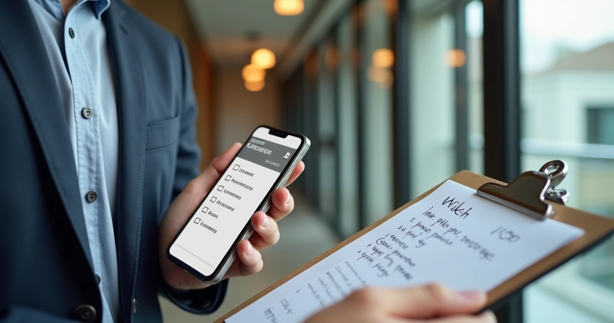Tela de checklist digital em smartphone com fundo de condomínio.
