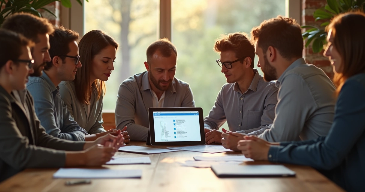 Equipe de consultoria analisando checklist digital em tablet 