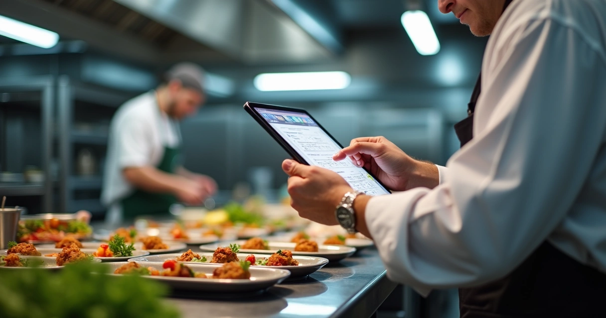 Cozinheiro usando tablet com checklist digital na cozinha