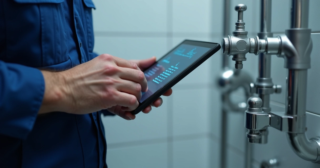 Encanador usando tablet para checklist digital de manutenção 