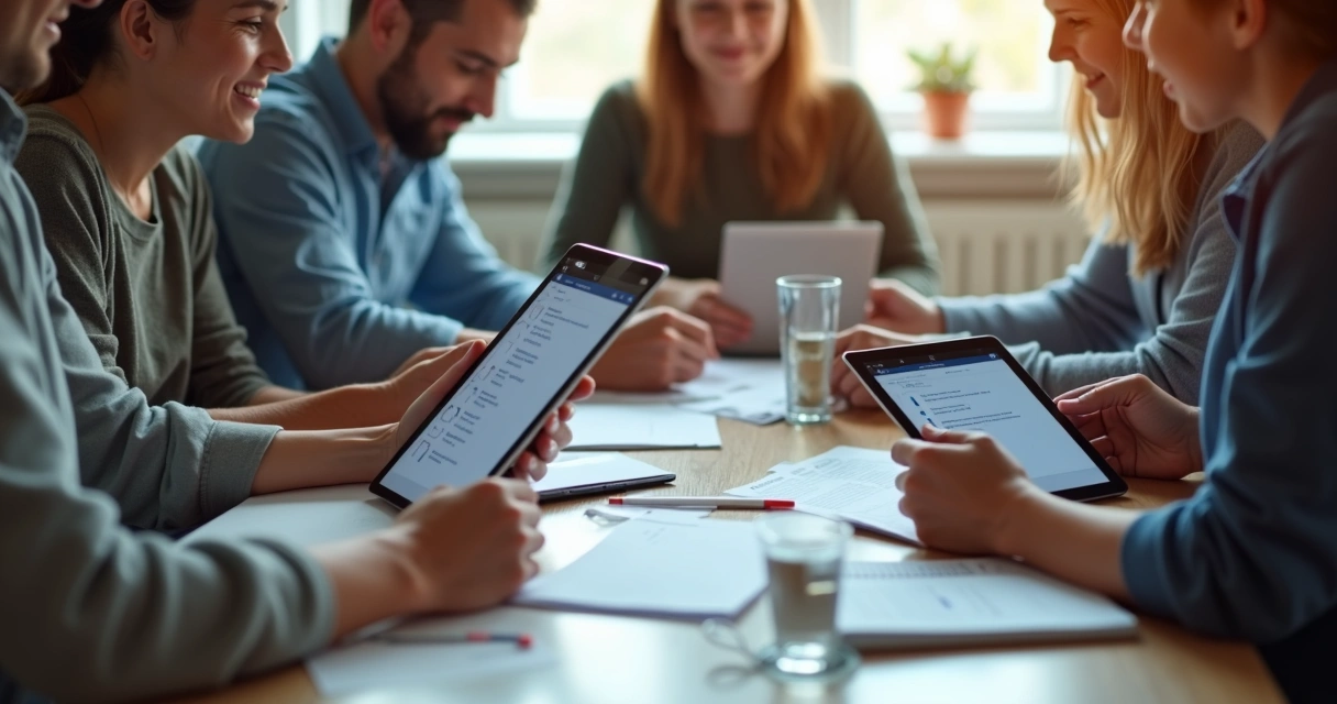 Pessoas usando tablets com um checklist digital em ambiente colaborativo