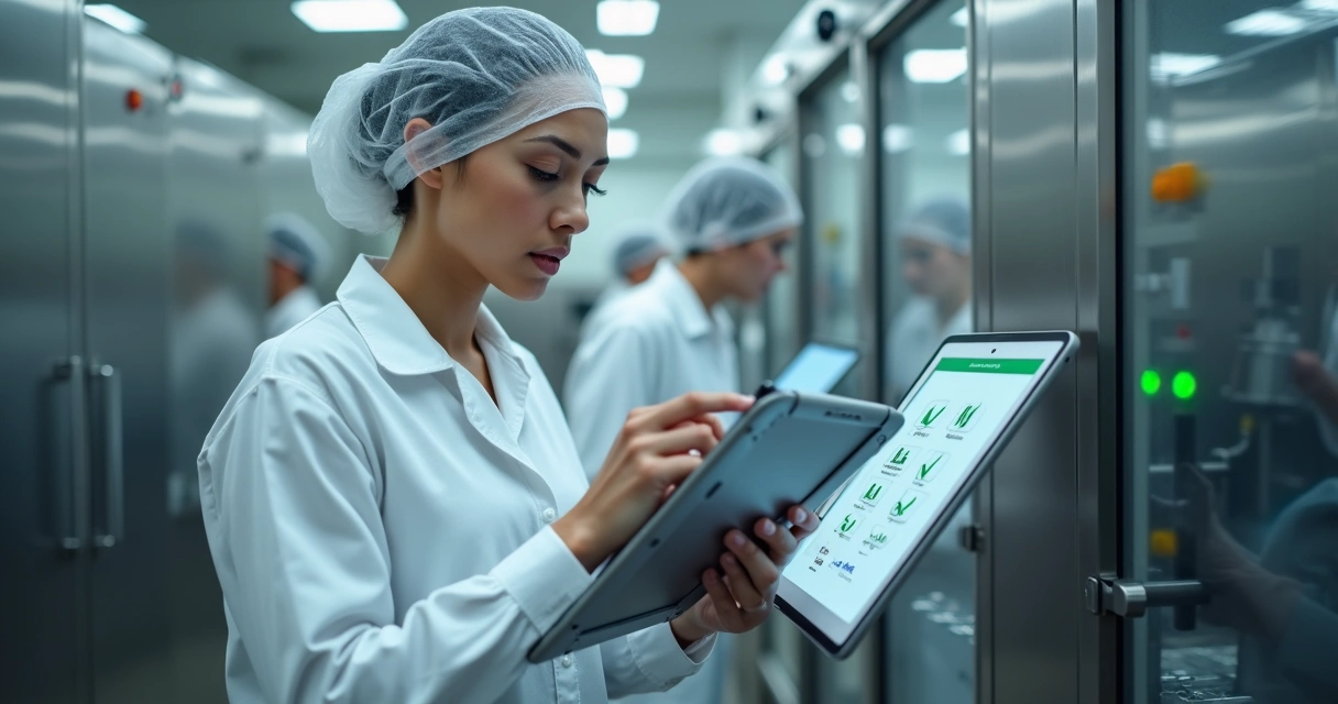 Funcionário usando tablet para checklist digital em área de produção 