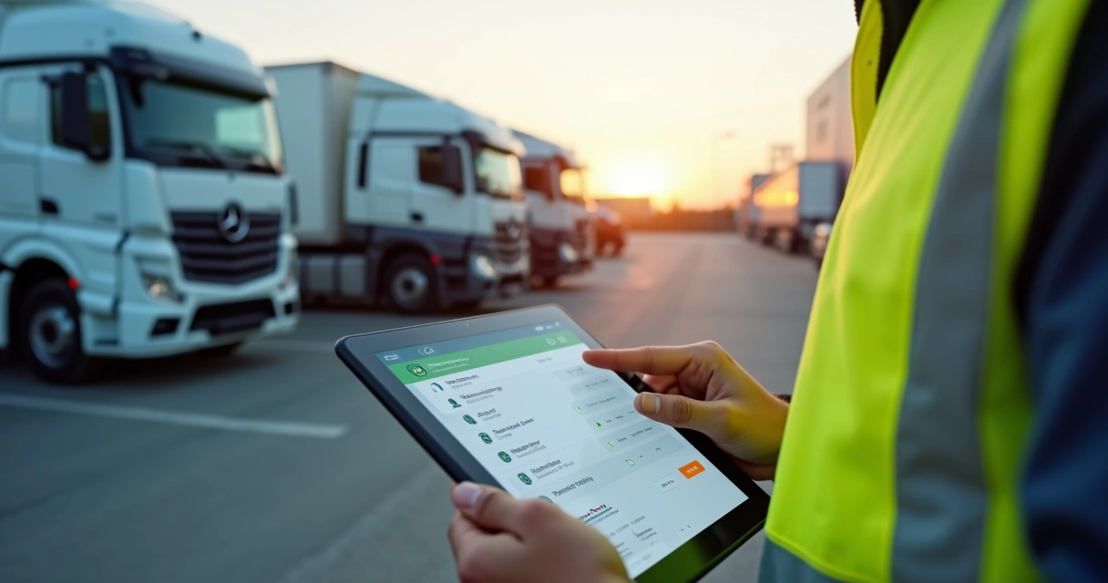 Motorista usando checklist digital em tablet na frente de caminhões de carga 