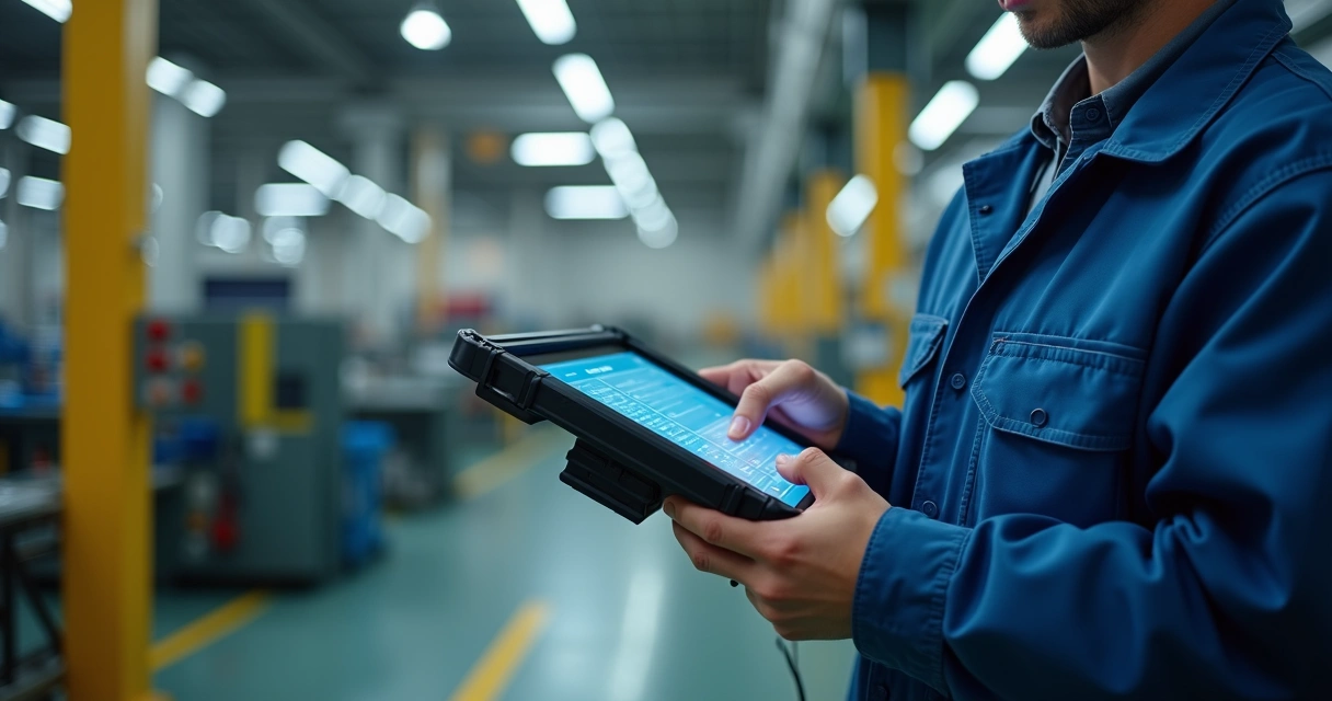 Operador preenche checklist digital em chão de fábrica moderno