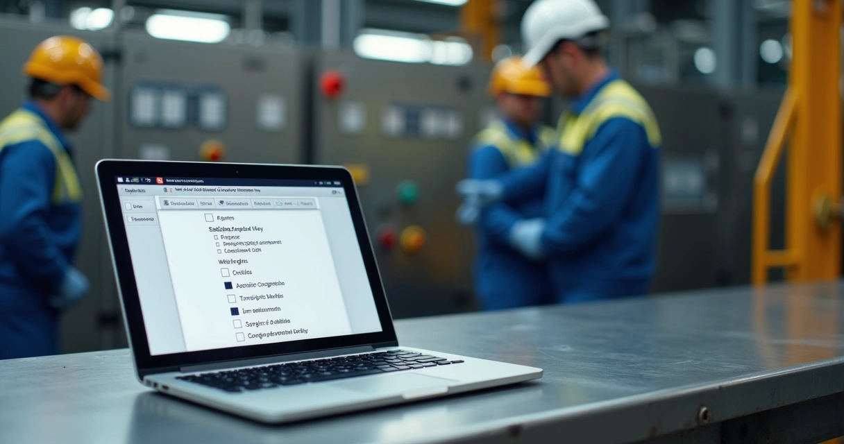 Checklists digitais abertos em um tablet e laptop no ambiente industrial
