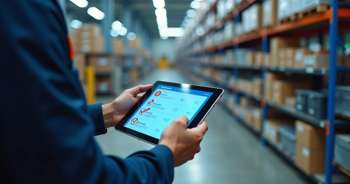 Profissional usando checklist digital na fábrica 