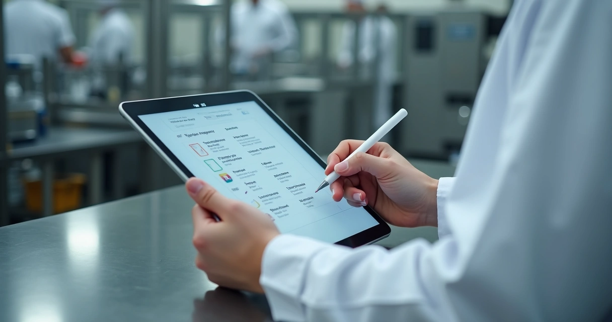 Operador preenchendo checklist digital em tablet no setor de produção de alimentos 