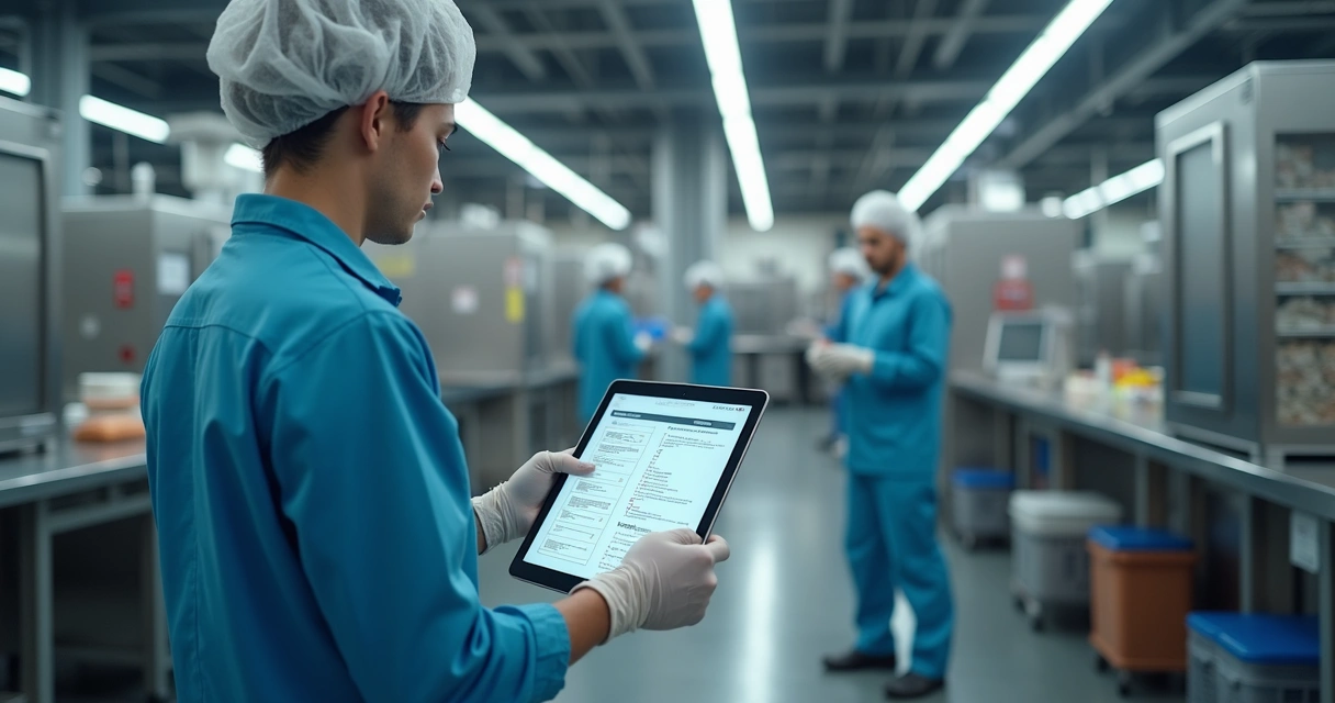 Tablet sendo usado para checklist digital em fábrica de alimentos 