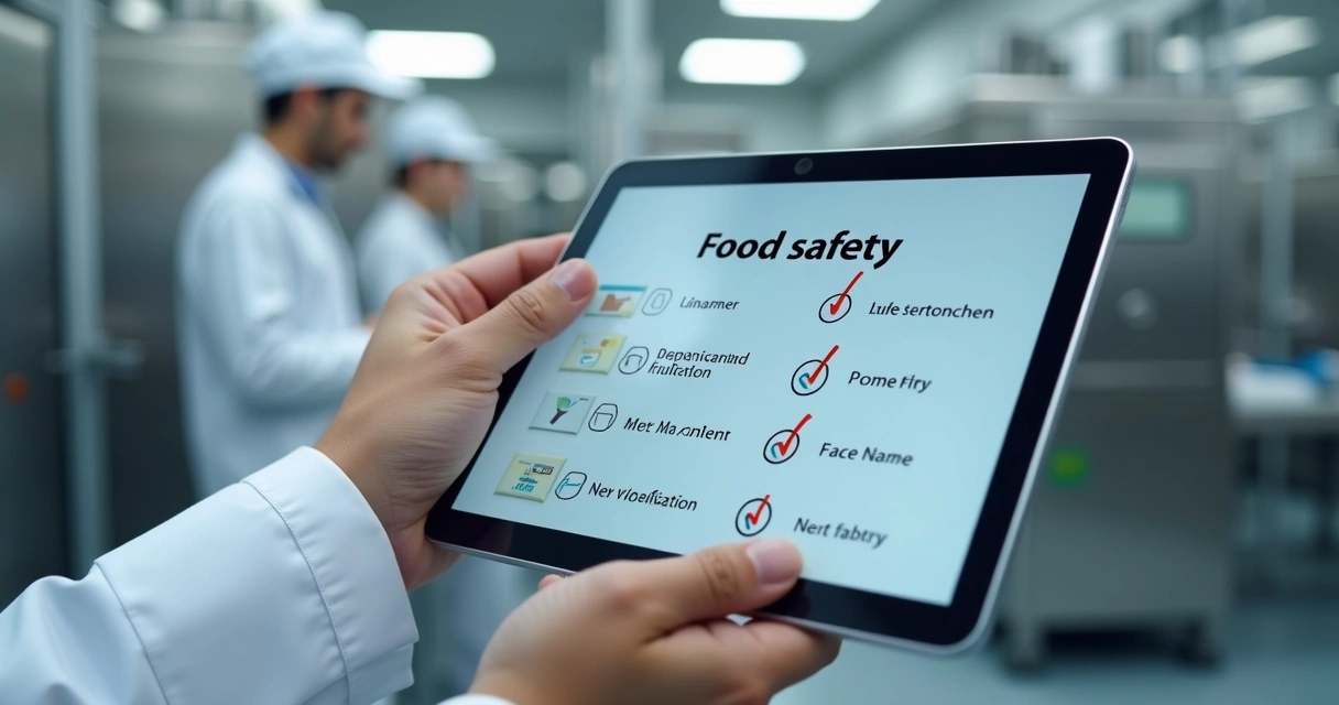 Aplicativo digital de checklist em tablet mostrando itens de boas práticas em fábrica 