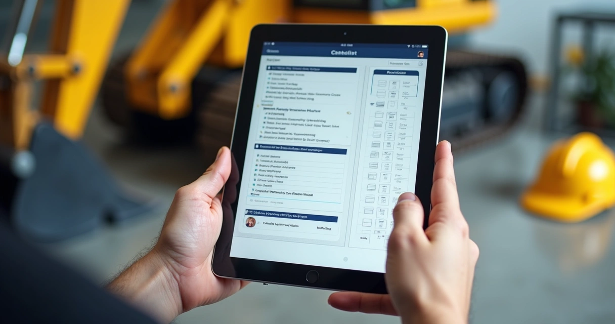 Tela de checklist digital em tablet sobre máquina pesada