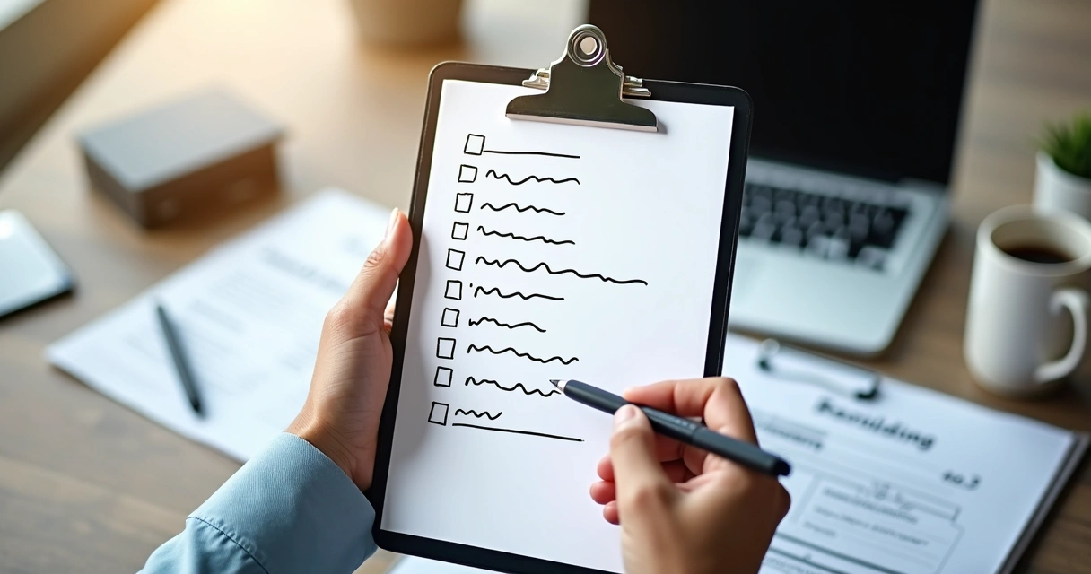 Mão segurando uma prancheta com checklist digital em ambiente de escritório 