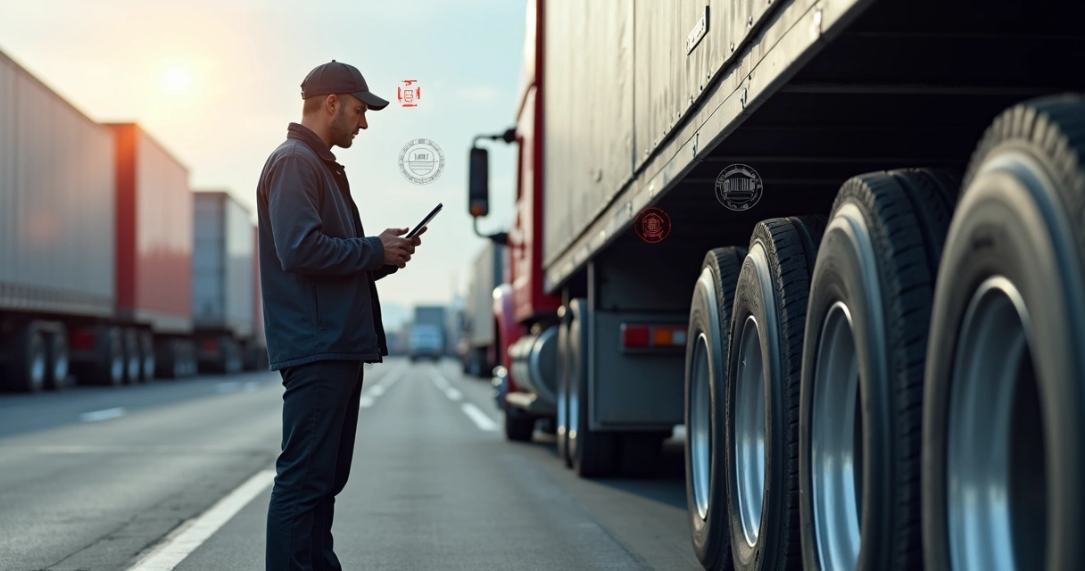 Motorista usando checklist digital para inspecionar pneus de caminhão 