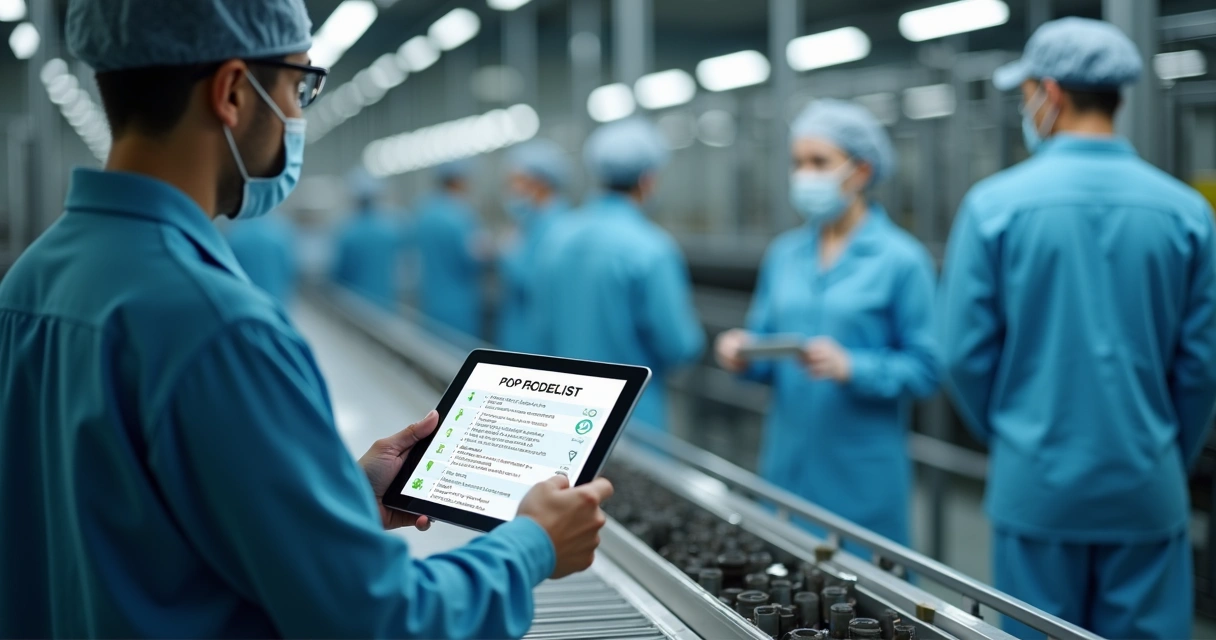 Supervisor utiliza tablet para checar checklist digital de POP em linha de produção 