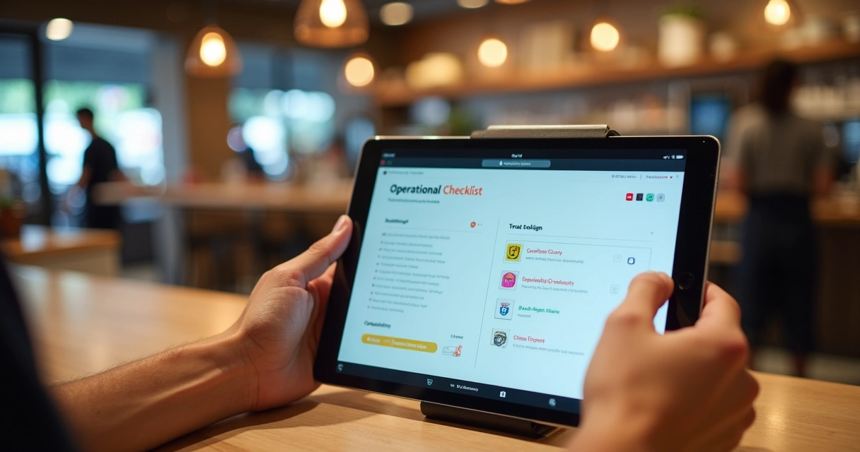 Checklist digital em tablet no balcão de restaurante 