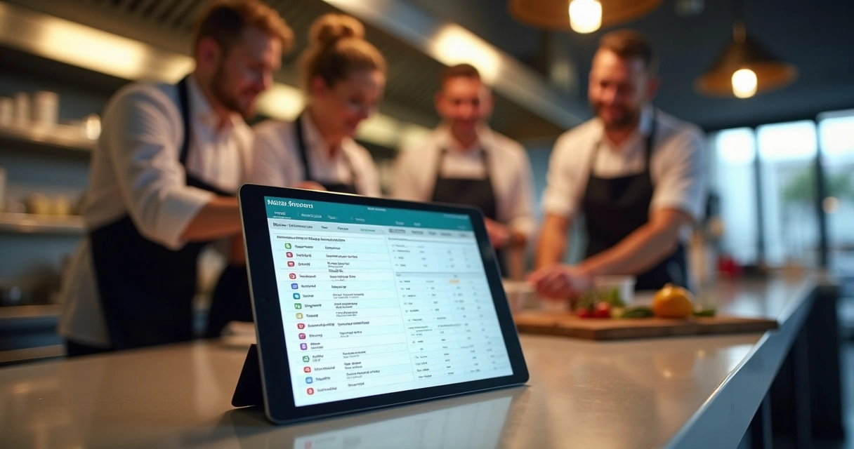 Checklist digital em tablet usado por equipe de restaurante 