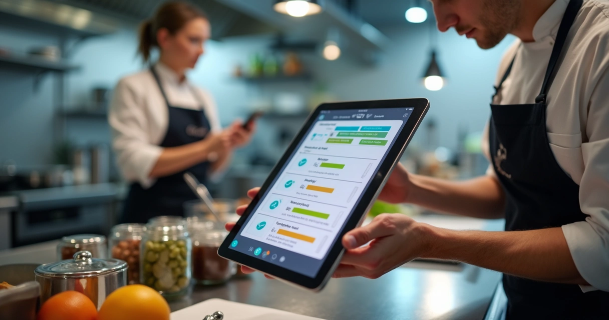 Tela de aplicativo de checklist digital em tablet na cozinha 