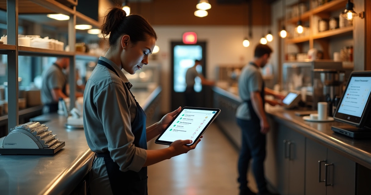 Funcionário de restaurante usando tablet com checklist digital na área de preparação 