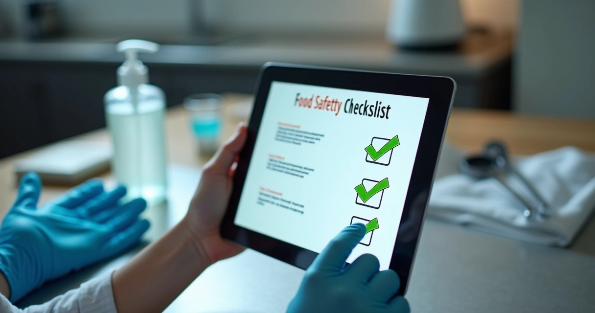 Tela de checklist digital de segurança de alimentos em tablet