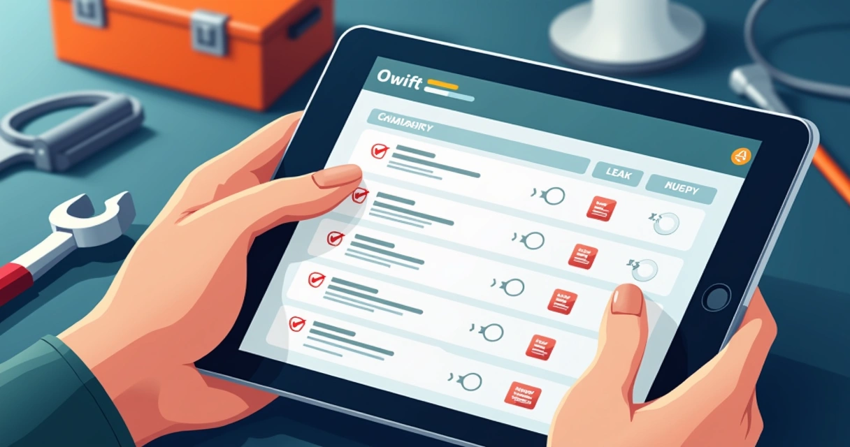 Tela de checklist digital para ordem de serviço em tablet, com itens marcados e alertas visíveis para técnico 