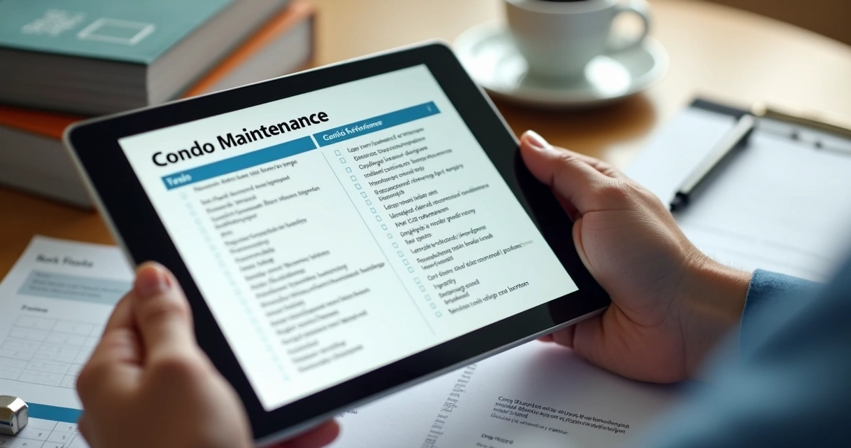 Checklist digital em tablet sendo usado por síndico 