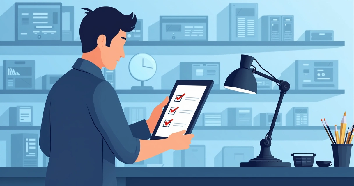 Técnico segurando um tablet com checklist digital aberto ao lado do equipamento em bancada