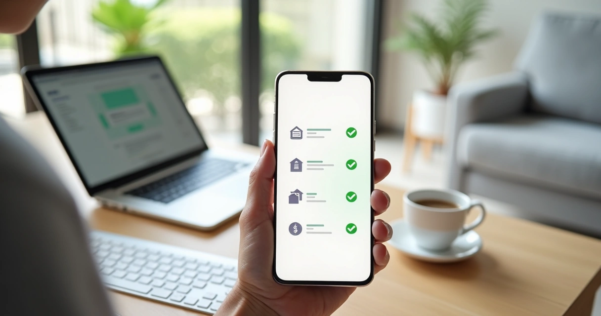 Mão segurando smartphone com checklist digital de documentos na tela 