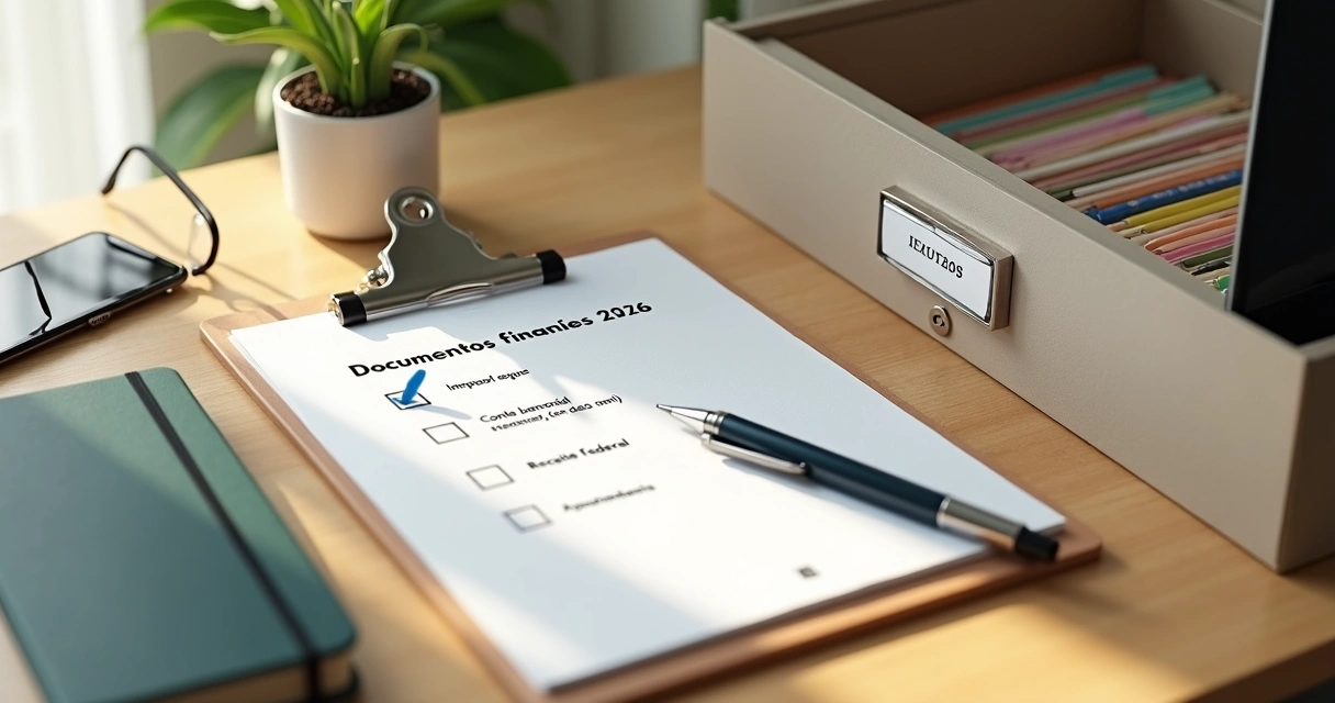 Mesa organizada com checklist de documentos financeiros e caixa de arquivos etiquetada 