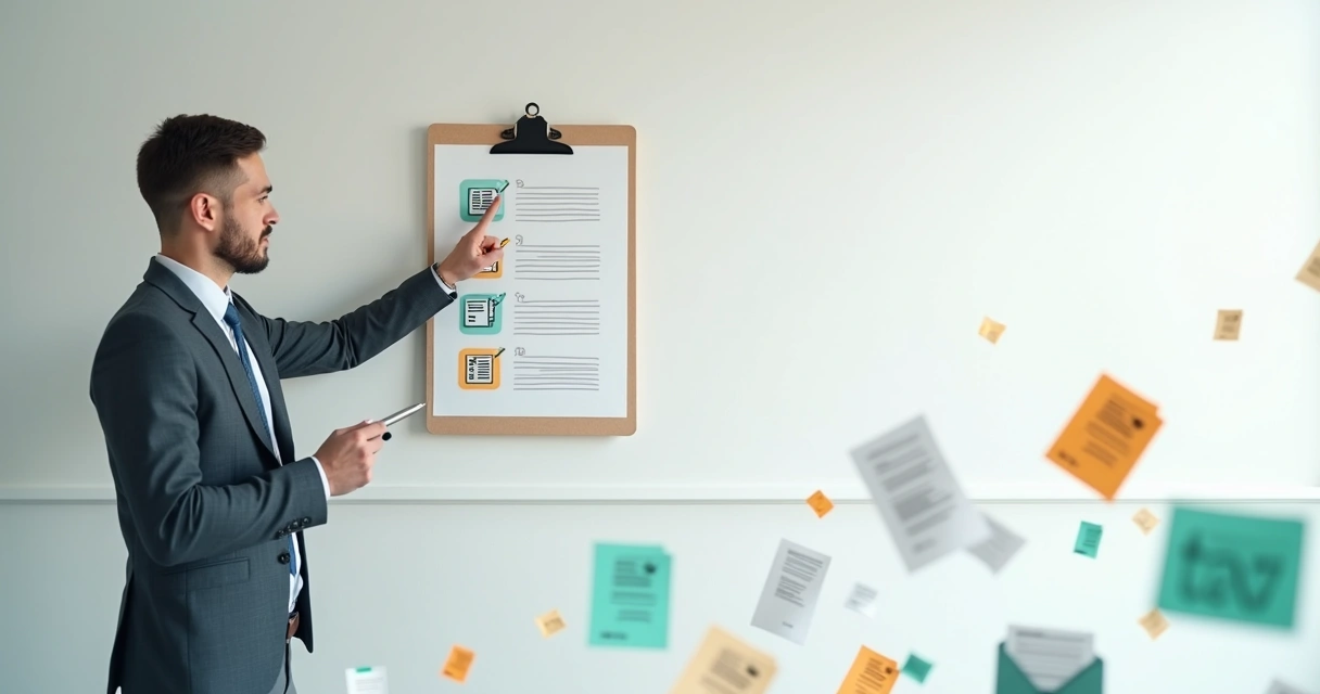 Empreendedor segurando checklist gigante de documentos fiscais organizados 