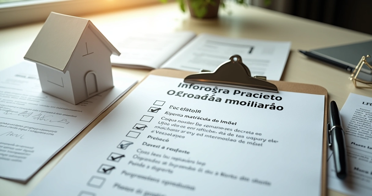 Mesa organizada com checklist de documentos imobiliários em destaque 