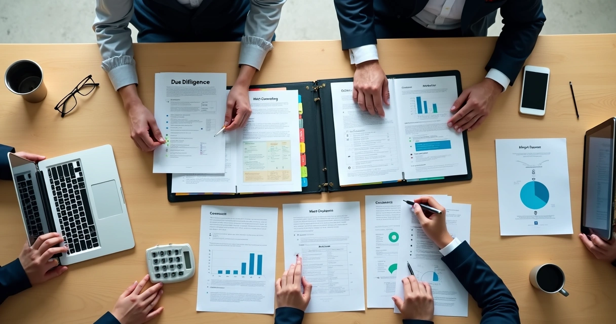 Mesa de reunião vista de cima com documentos de due diligence marcados em checklist 