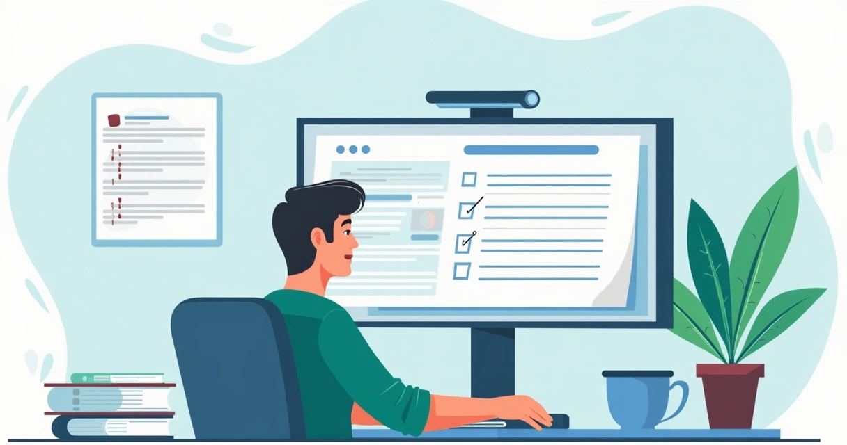 Empreendedor fazendo checklist digital com documentos ao lado 