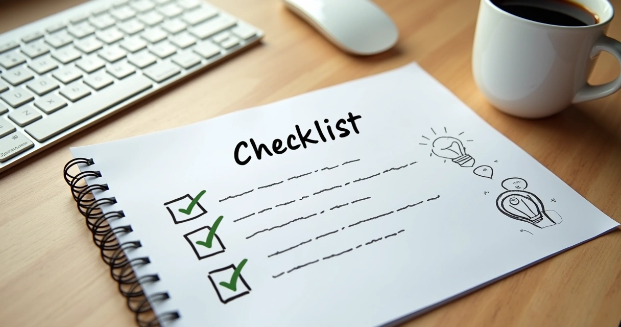 Checklist manuscrito ao lado de teclado e café em mesa clara 