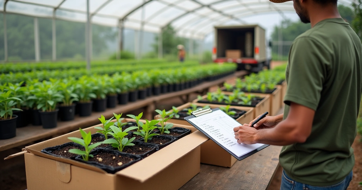 Produtor conferindo checklist de entrega ao lado de caixas com mudas em um viveiro 