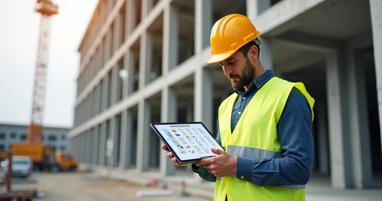 Engenheiro conferindo lista de verificação de obra em tablet 