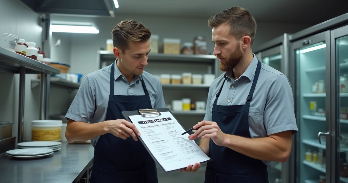 Equipe revisando checklist de fechamento na cozinha 