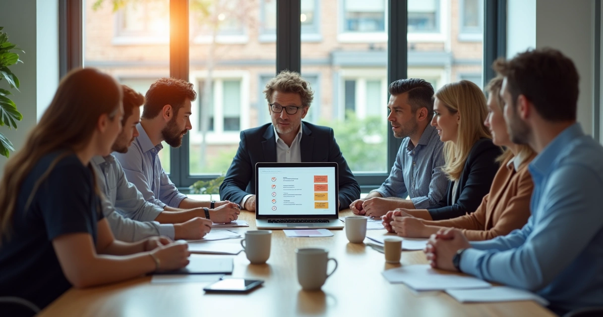 Equipe diversa reunida em volta de uma mesa marcando um checklist digital em um notebook 