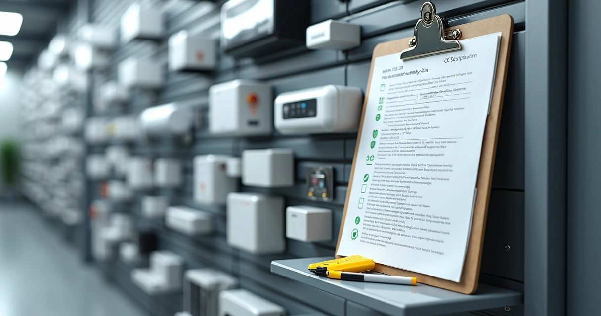 Checklist de critérios técnicos ao lado de equipamentos de segurança eletrônica 