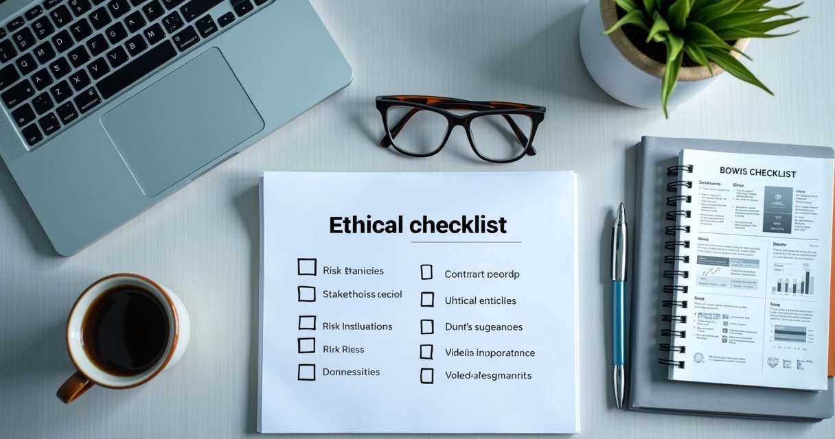 Checklist ético ao lado de relatórios e notebook em mesa de trabalho 