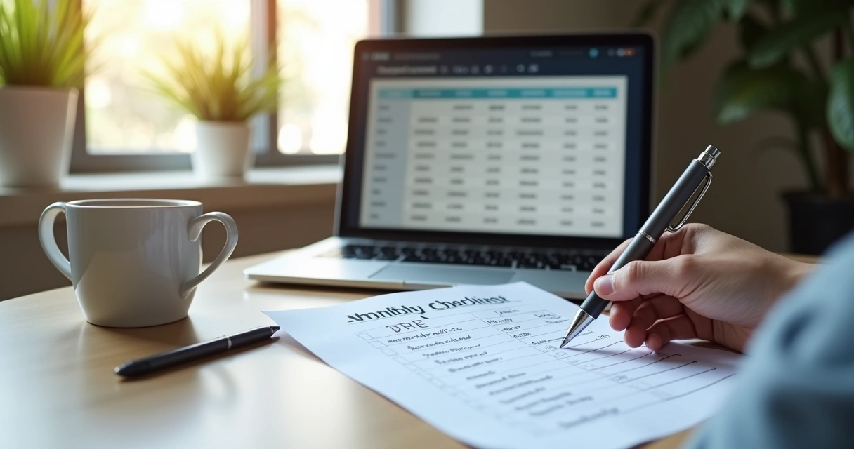 Checklist de fechamento financeiro mensal em papel e notebook 