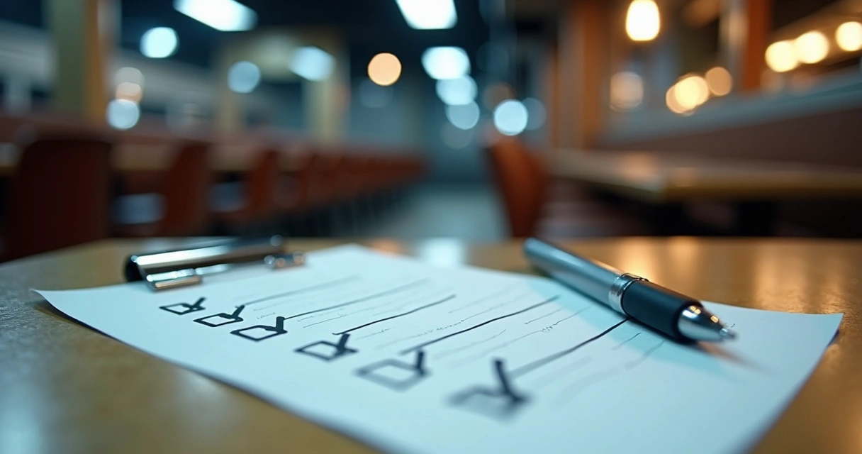 Checklist de fechamento sobre uma bancada de restaurante 