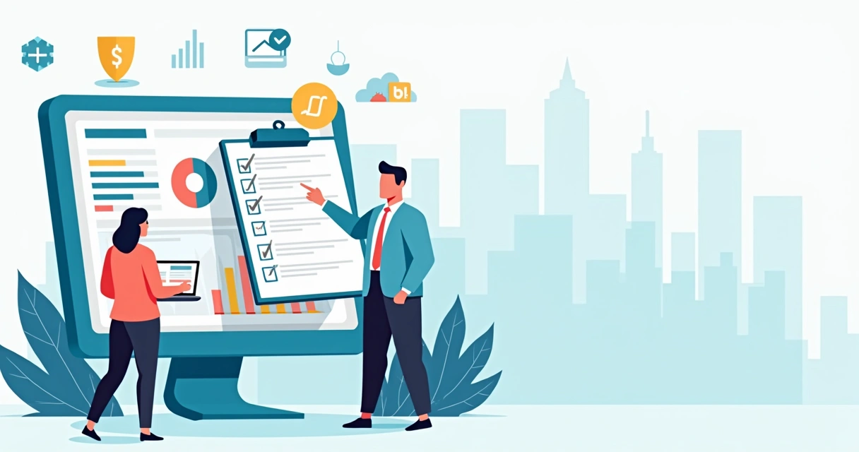 Gestor avaliando checklist de ferramentas de BI em dashboard moderno 