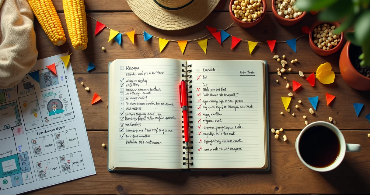 Checklist de festa junina em mesa com decoração temática 