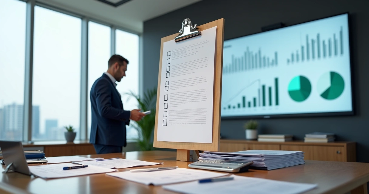 Executivo marca checklist financeiro de M&A em prancheta gigante com gráficos ao fundo 
