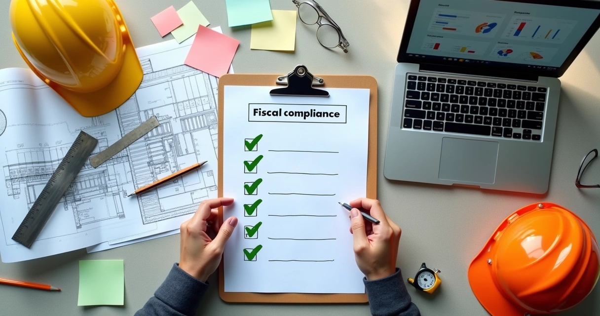Checklist fiscal colorido alinhado a planta de obra de construção civil 