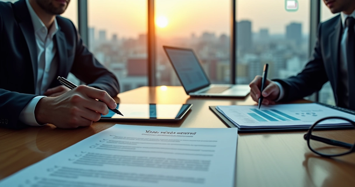 Executivo conferindo checklist fiscal em contrato de venda de participação societária 