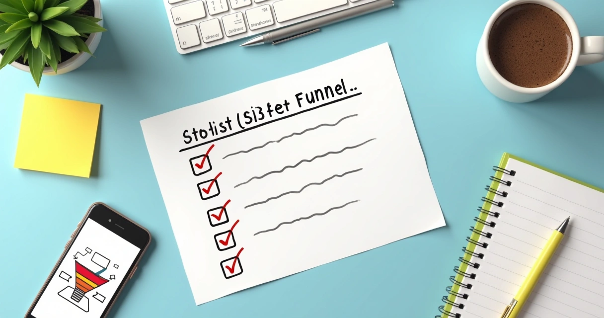 Checklist visual de etapas para montar funil de vendas em papel e digital 